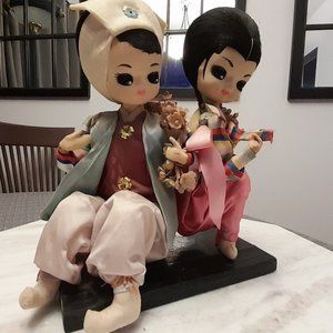 Vintage 1970's Pair of Bradley Asian Dolls on Lacquered Platform